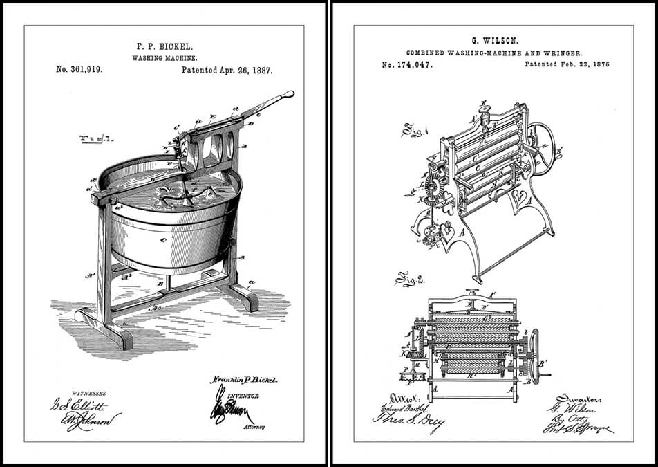 Posters met patenttekeningen van wasmachine 