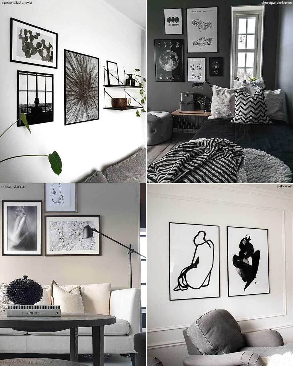 Afbeeldingen van woonkamer en slaapkamer met posterwanden en zwart-wit posters