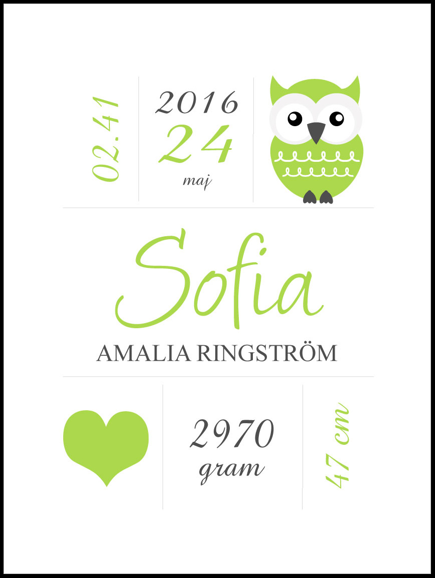 Personlig poster Owl Birth Poster Green