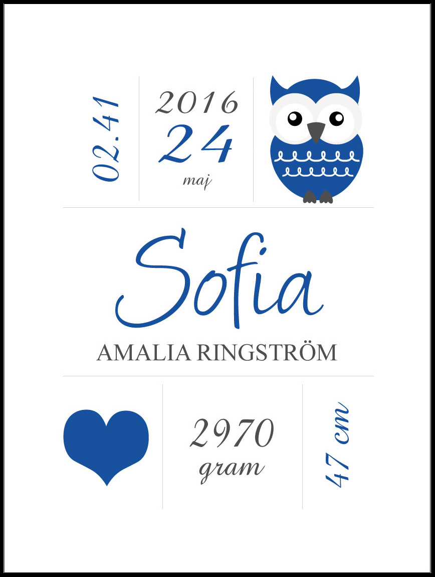 Personlig poster Owl Birth Poster Navy