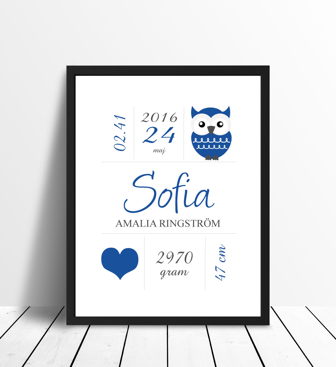 Personlig poster Owl Birth Poster Navy