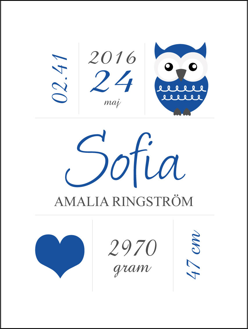 Personlig poster Owl Birth Poster Navy